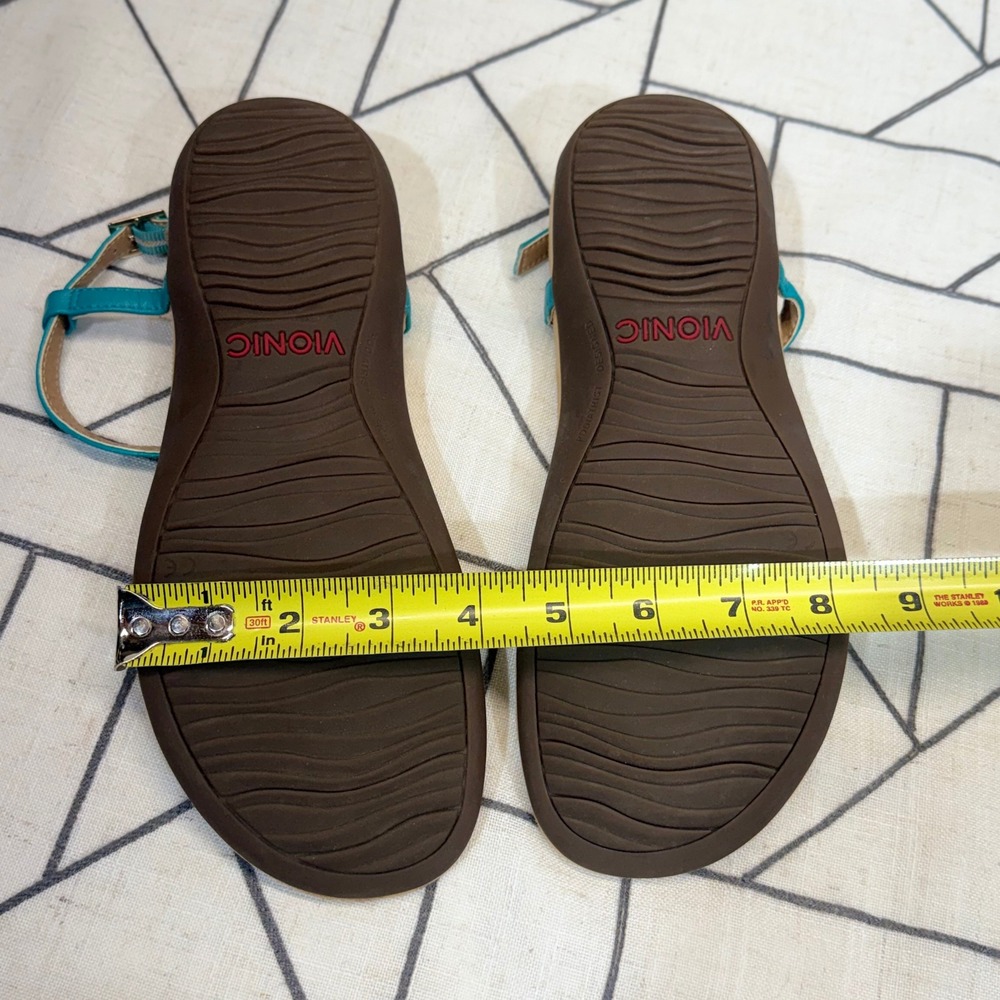 Vionic Sandals Size 8 Teal Leather Gold Studded Orthotic T-Strap Ankle Strap - Picture 8 of 9